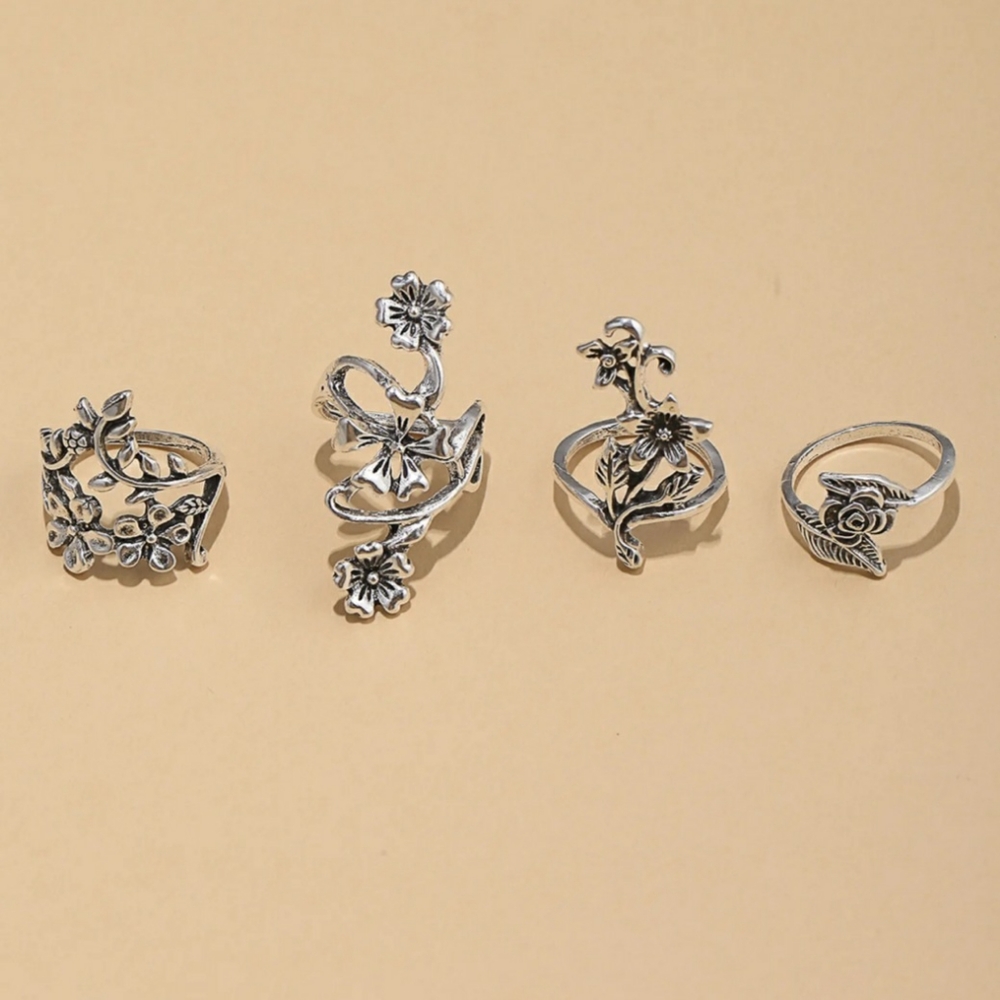 Flower Ring Set Silver Tone 4 Rings - Picture 6 of 11